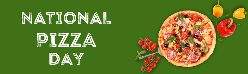 Pizza day, pizza on a green background