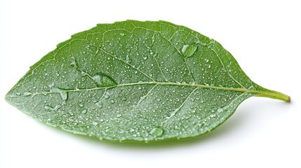 A fresh green leaf with water droplets, showcasing nature's beauty and freshness.
