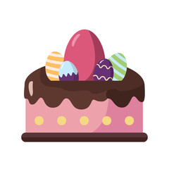 Chocolate-covered Easter cake topped with colorful striped eggs, flat cartoon style, isolated on a white background, festive concept