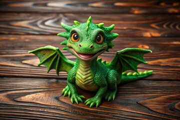 Obraz premium Aerial View Cute Green Dragon Smiling Dark Wood