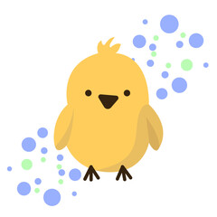 Adorable yellow bird with round features, surrounded by blue and green bubbles on a white background, concept of cuteness