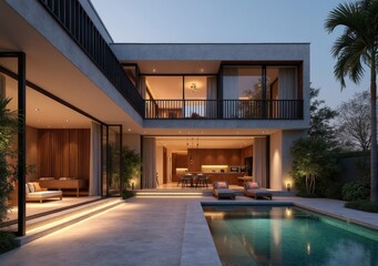 Modern villa with pool during twilight, showcasing sleek architecture and outdoor living