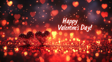 Happy Valentine Day with sparkling hearts on red background, creating romantic atmosphere filled with love and joy. Perfect for celebrating love and affection