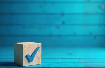 Wooden cube voting choice. Blue tick mark on wooden cube represents approval confirmation. Ideal for political themes. Image suitable for articles about democracy, elections, rights, freedoms. Voting