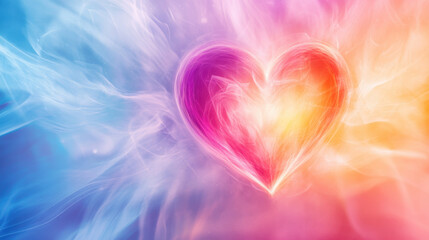 glowing heart radiates warmth and positivity, surrounded by vibrant colors of blue, pink, and orange, creating serene and uplifting atmosphere