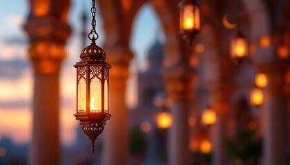 Ramadan Lantern Hanging in Mosque at Sunset - Islamic Festive Decoration