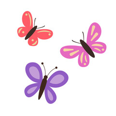 Three colorful butterflies in pink, red, and purple hues with a simple design, illustrated on a plain white background, symbolizing nature
