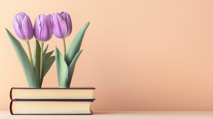 gift box, book and beautiful purple tulips on light peach background. Banner for Teacher Appreciation Week.