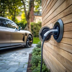 Electric Vehicle Charging Station with Modern Car and Wood Exterior
