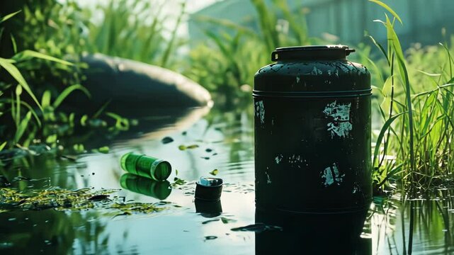 Post-Apocalyptic Swamp: A relic canister and discarded items in a swampy environment, hinting at a forgotten past or a dystopian future.