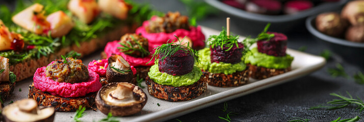 Fototapeta premium An artistic display of gourmet vegan appetizers, featuring mini avocado toasts, beet hummus, and stuffed mushrooms on a beautiful serving platter. 