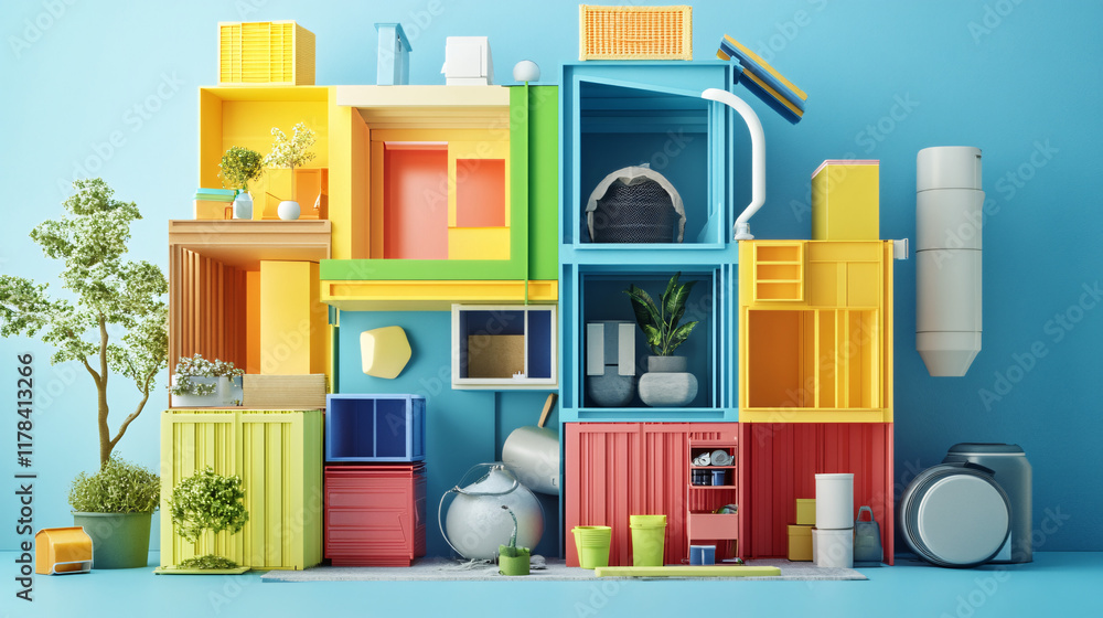 Poster an artistic interpretation of a waste-free home, with each room represented by different vibrant col