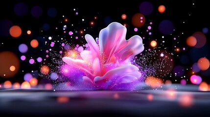 Abstract vibrant pink and purple fluid form with glowing particles on dark background.