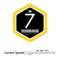 7th years anniversary celebration emblem. hexagon anniversary logo with ribbon. medal badge frame on white background. vector illustration template design for web, flyers, poster, greeting card