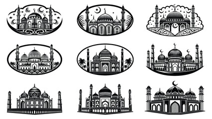 Mosque silhouette vector bundle design on a white background. Illustration, vector silhouette, mosque silhouette design.