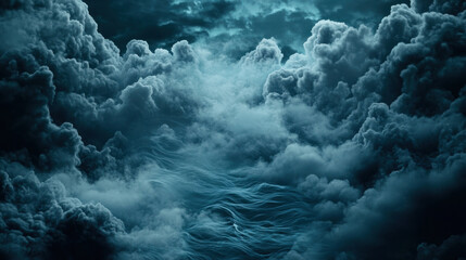 Ethereal scene capturing billowing clouds and flowing mist, creating dramatic and moody atmosphere. interplay of light and shadow enhances depth of clouds