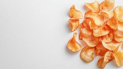 Fototapeta premium Crispy potato chips scattered on white. Perfect for food blogs, packaging, or snack ads.