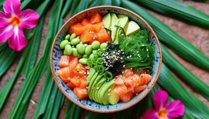 Fresh Poke Bowl with Salmon, Avocado, Edamame, Seaweed and Colorful Toppings in Hawaii
