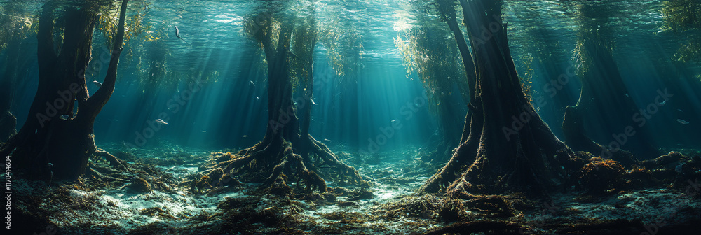 Poster an artistic representation of a submerged forest, where trees stretch towards the surface, their roo