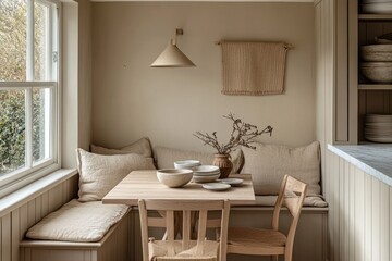 Cozy nook breakfast area, natural light, calm kitchen, serene setting, home decor