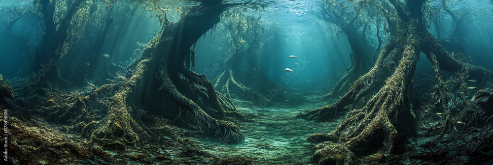 Poster an artistic representation of a submerged forest, where trees stretch towards the surface, their roo