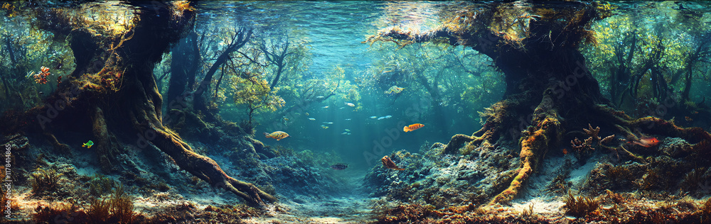 Poster an artistic representation of a submerged forest, where trees stretch towards the surface, their roo