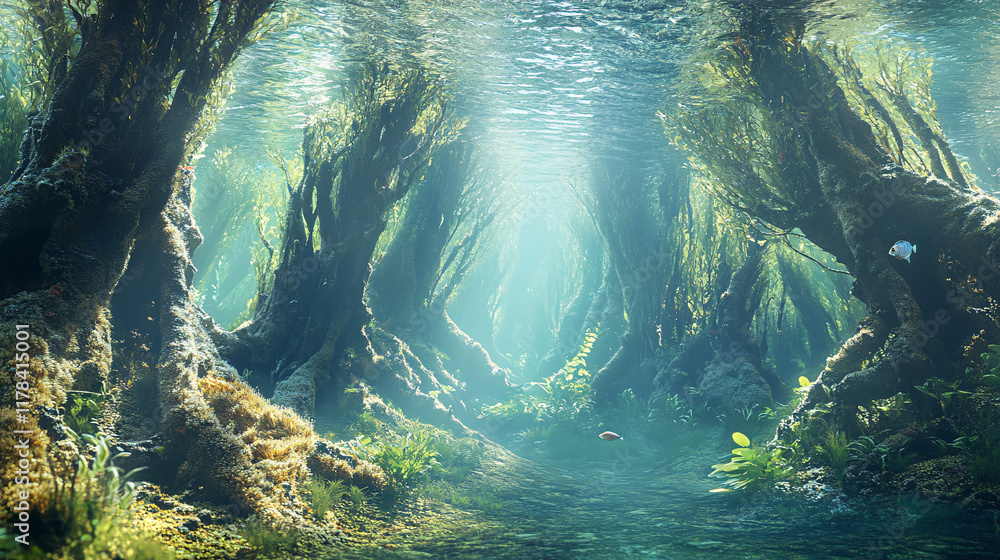 Poster an artistic representation of a submerged forest, where trees stretch towards the surface, their roo