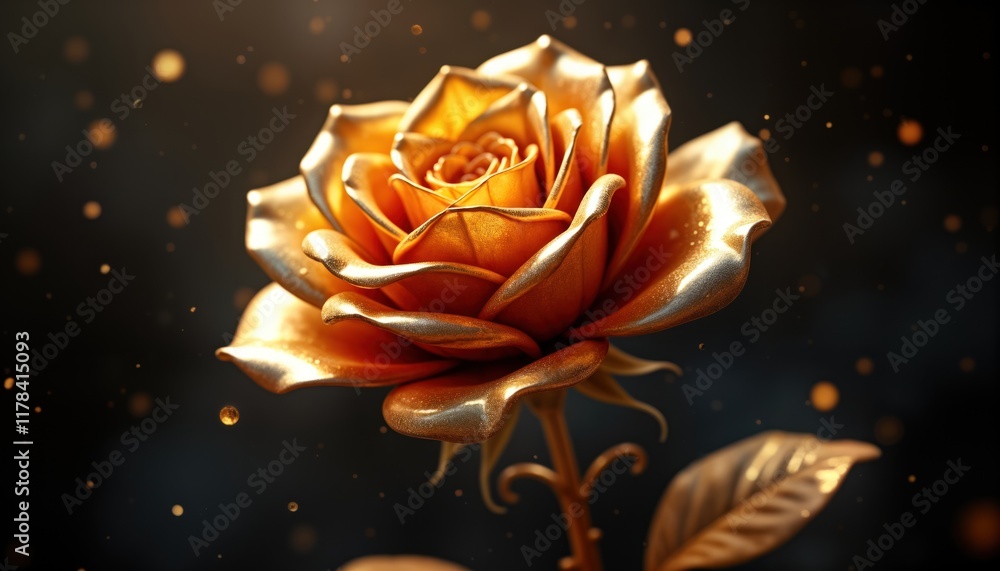 Poster golden rose flower with detailed petals, stem. rose metallic, shiny with gradient of gold. abstract 
