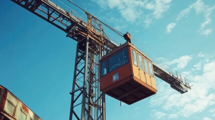 A large orange industrial crane with a cabin suspended against a blue sky.