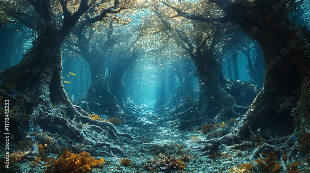 Poster an artistic representation of a submerged forest, where trees stretch towards the surface, their roo