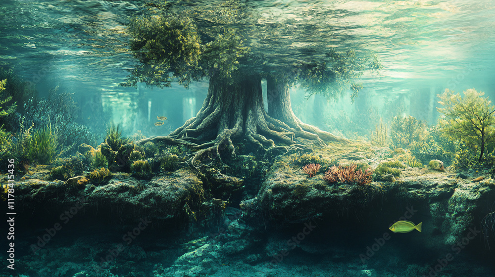 Poster an artistic representation of a submerged forest, where trees stretch towards the surface, their roo