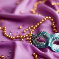 Obraz premium Colorful Mardi Gras mask and beads on a vibrant fabric background, dramatic lighting, festive atmosphere, celebration concept
