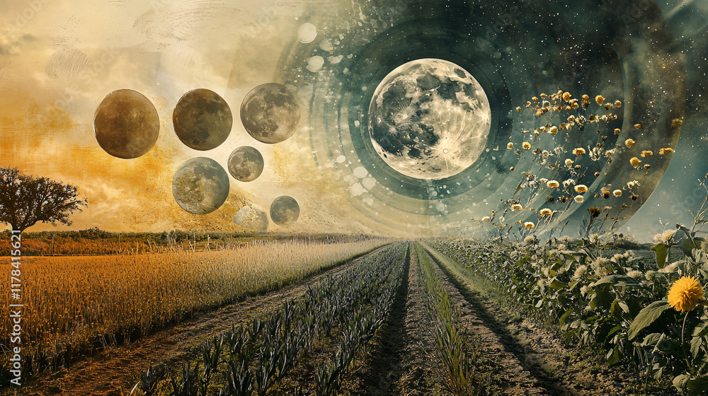 Poster an artistic representation of the lunar calendar, intertwined with images of biodynamic farming acti