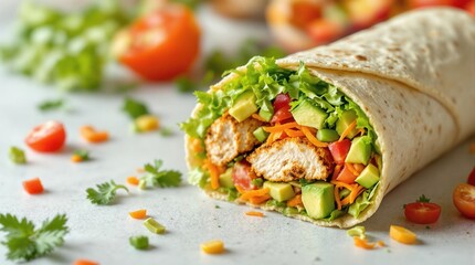 Fresh chicken veggie wrap with avocado, tomato, and lettuce