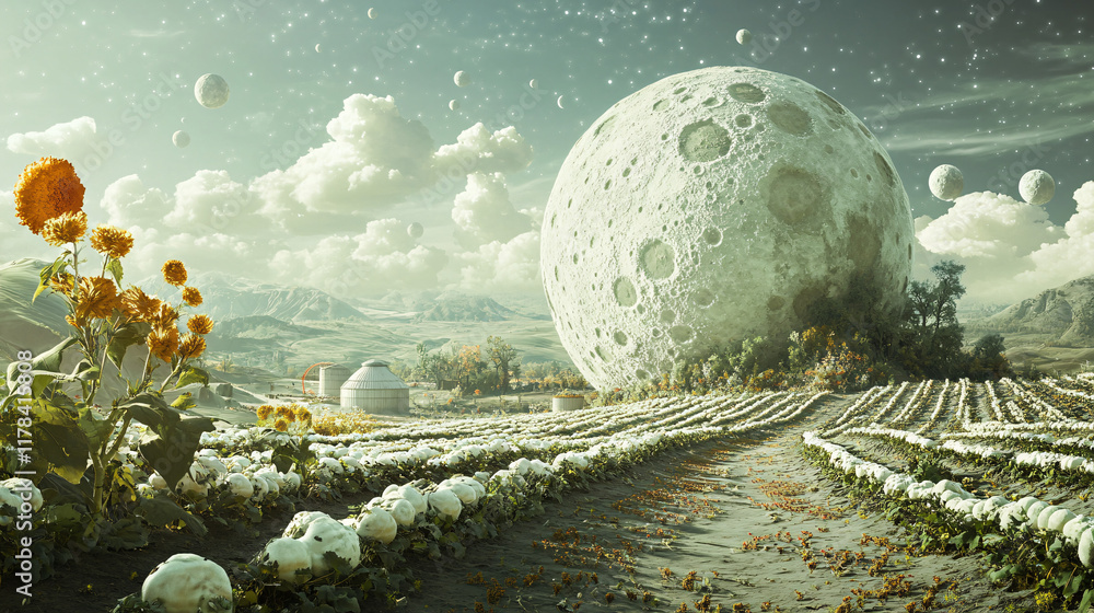 Poster an artistic representation of the lunar calendar, intertwined with images of biodynamic farming acti