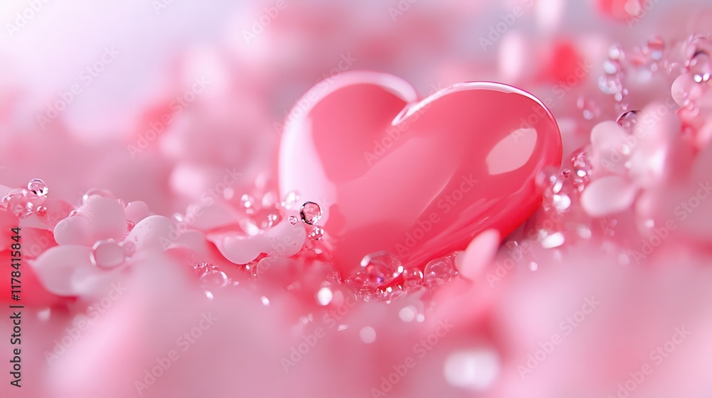 Poster a floating heart-shaped hologram surrounded by ai-generated floral patterns, with vivid pink and red