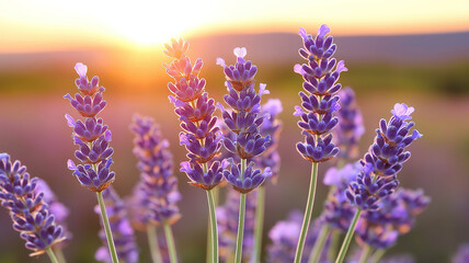 Obraz premium Beautiful sunset in Provence with lavender flowers in focus, creating a peaceful nature scene
