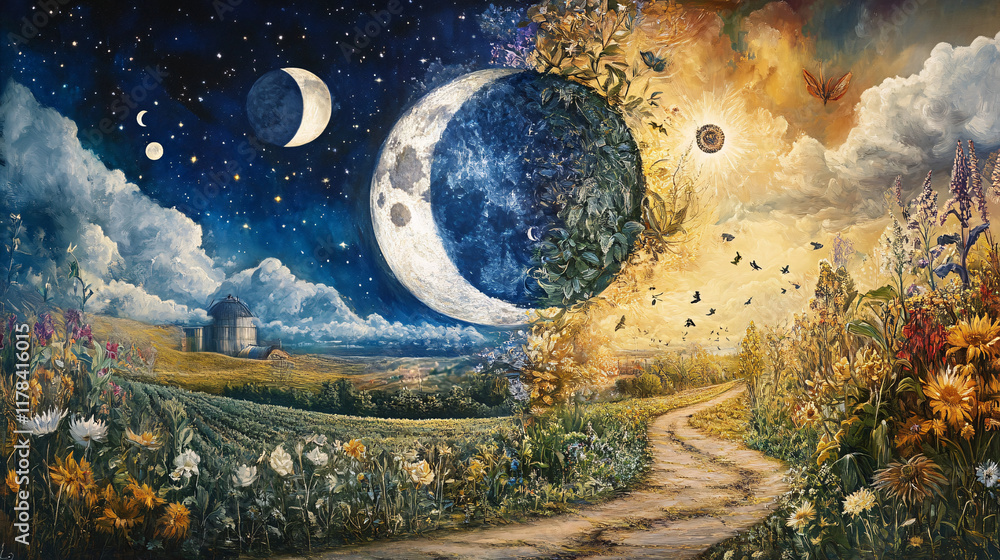 Poster an artistic representation of the lunar calendar, intertwined with images of biodynamic farming acti