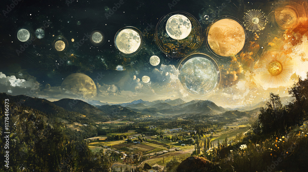 Poster an artistic representation of the lunar calendar, intertwined with images of biodynamic farming acti