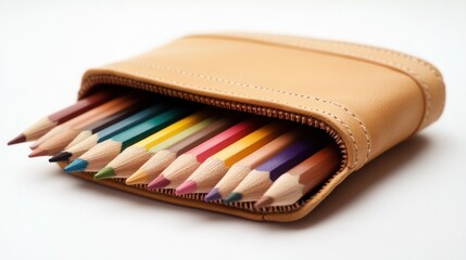 A leather pouch filled with colorful pencils, ideal for art and creativity.
