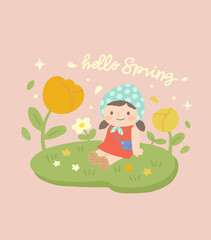 Spring illustration with a girl in a flower field