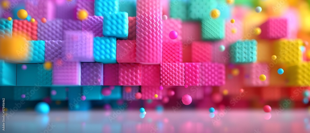 Poster colorful abstract background with textured blocks and floating spheres in vibrant rainbow palette