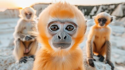Fototapeta premium Three baby orange monkeys on rocks in the wild looking at the camera, stock use.
