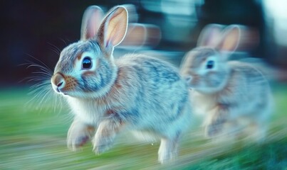 Fototapeta premium Rabbits running fast, green grass, blurred background, nature
