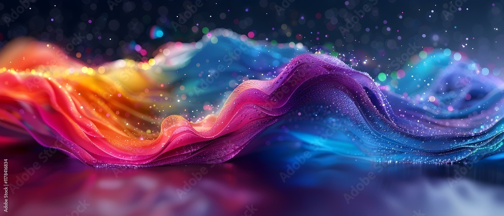 Poster vibrant abstract waves of colorful light and texture with sparkling particles against a dark backgro