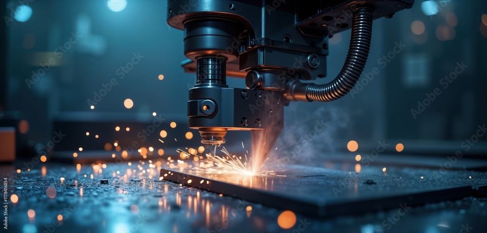 Poster advanced cnc metalworking machine cuts metal sheet. sparks fly as precise laser cuts. industrial man