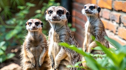 Obraz premium Three meerkats standing in a row outdoors, watching, with brick and foliage.