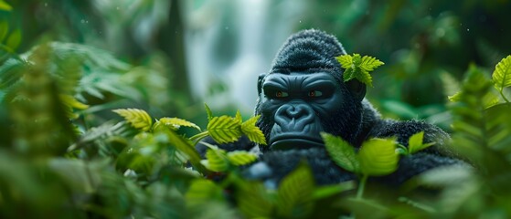 Majestic Gorilla Surrounded by Lush Green Foliage in a Dense Jungle Environment