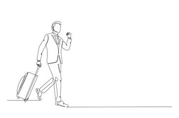 Businessman holding Luggage bag in continuous one line drawing. Single line art illustration of men with travel suitcase. Editable vector.