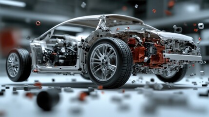 Car X-ray: disassembled car parts, transparent body, automotive engineering, suspension design, technological elements, interior design, innovative solutions, car mechanics, high technology.